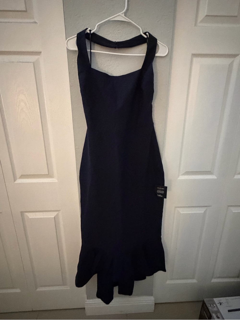Lulu's Navy Square-Neck Ruffle-Hem Midi Dress with Wide Straps